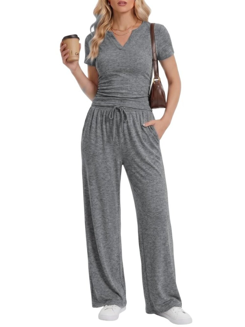 2 Piece Matching Lounge Sets Women Summer Travel Set V Neck Top Wide Leg Pants